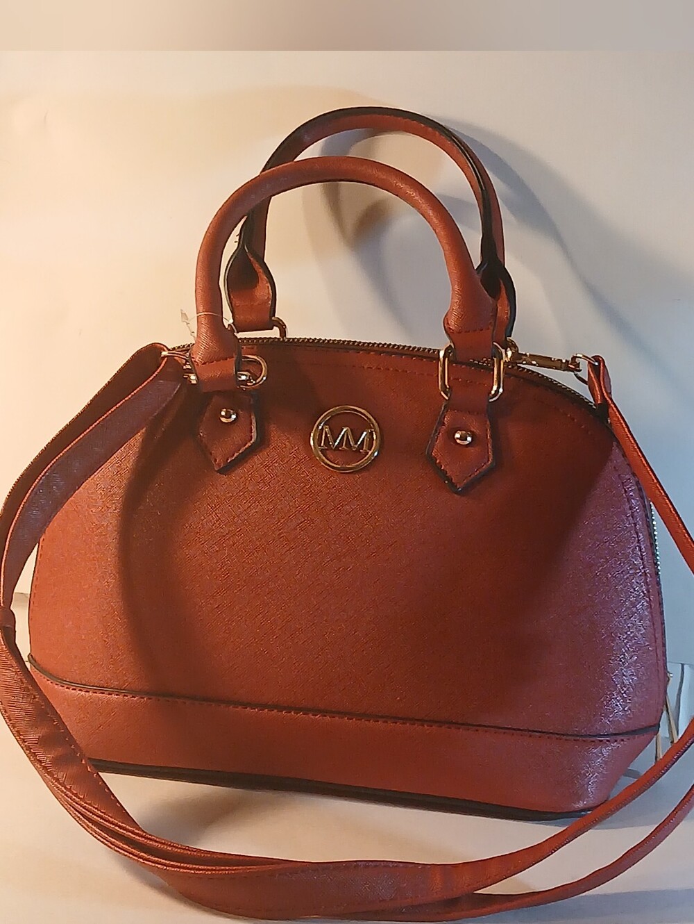 MM Cherry Red Saffiano Style Dome Structured Shoulder Bag